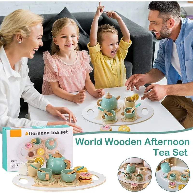 Wooden Afternoon Tea Set Toy Pretend Play Food Learning Role Play Game Early Educational Toys for Toddlers Girls Boys Kids Gifts Good Vibrations