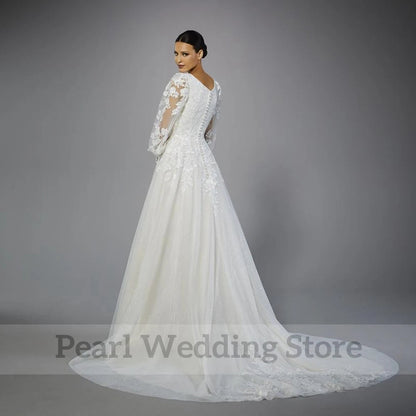 Vintage Square Collar Wedding Dress Tulle Applique Illusion Long Lantern Sleeve Bridal A-Line Floor Length with Buttons Gowns Good Vibrations