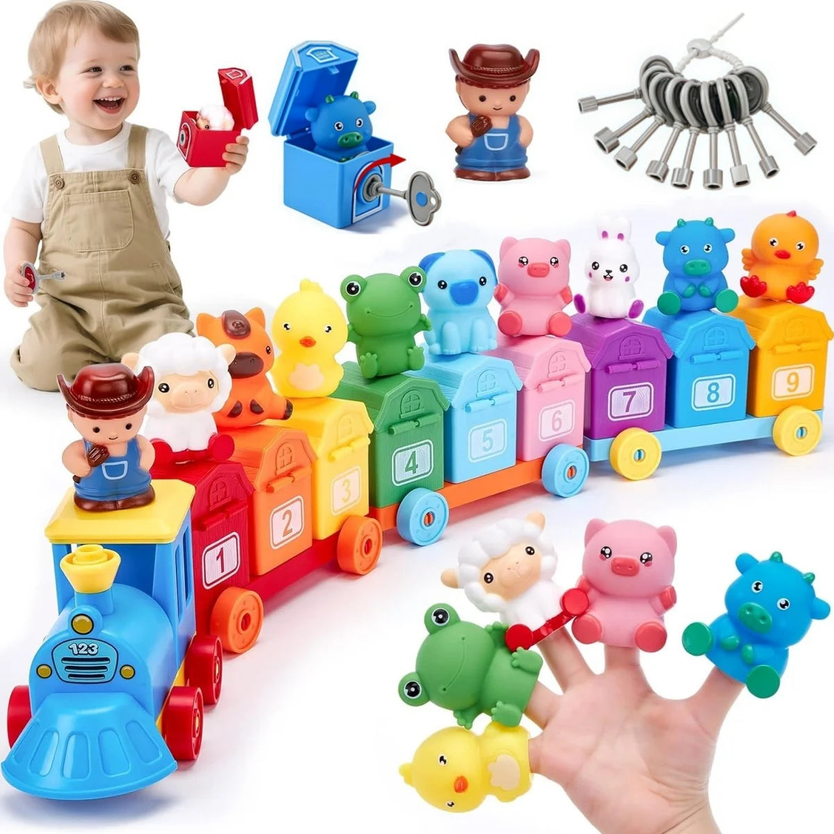 Toddler Learning Toys Farm Animals Train Set with Finger Puppets, Color Matching Toy Unlock Barns Fine Motor Game Counting Toys Good Vibrations