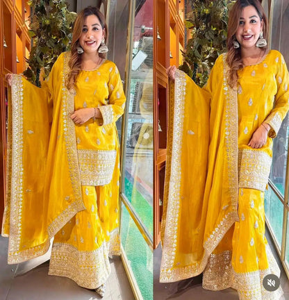 Heavy Embroidery Sequence Work Fancy Design Women Set Chinon Silk Heavy Sequence Embroidery Work Top and Sharara Dupatta Good Vibrations