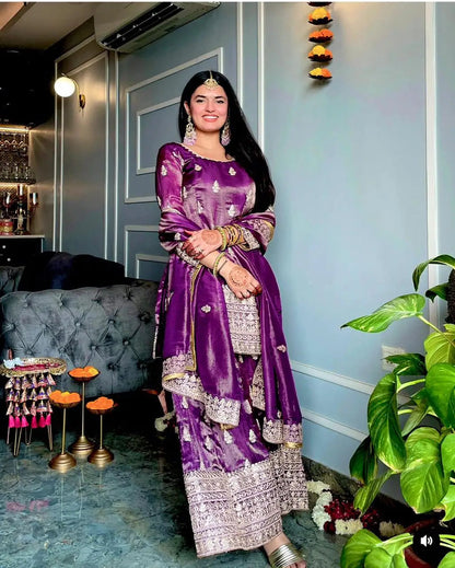 Heavy Embroidery Sequence Work Fancy Design Women Set Chinon Silk Heavy Sequence Embroidery Work Top and Sharara Dupatta Good Vibrations