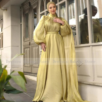 Modest Evening Dresses for Women 2025 High Collar Puffy Long Sleeves Evening Gowns Long Pleated A Line Saudi Arabian Formal Gown Good Vibrations