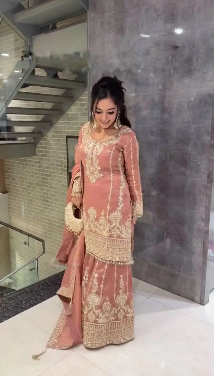 Chinon Silk Heavy Sequence Embroidery Work Top and Sharara With Lace Border Dupatta Fancy Embroidery Design Women Set Good Vibrations