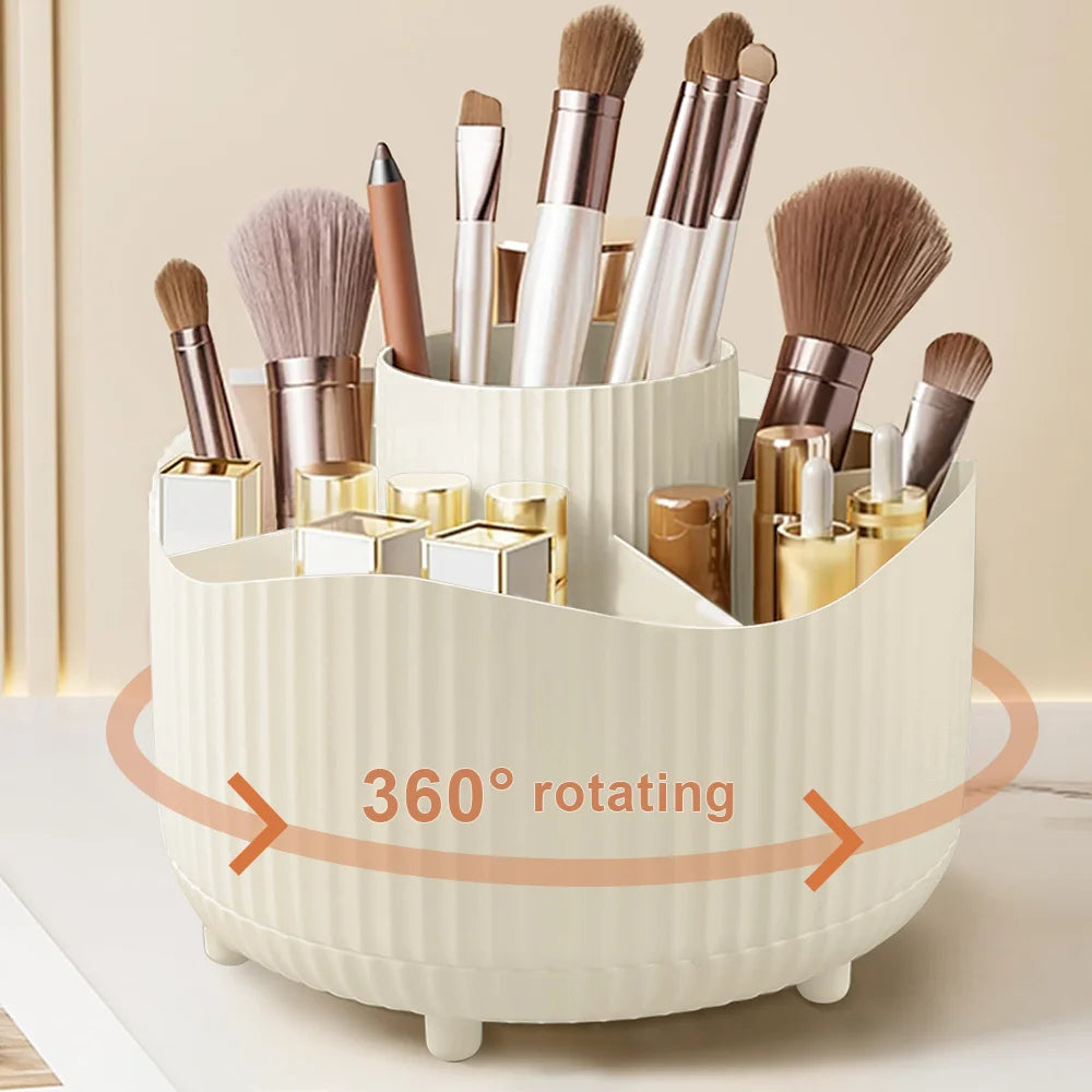 360° Rotating Makeup Organizer Makeup Holder Cosmetic Storage with 5 Compartments Multi-Functional Holder for Brushes Pen Good Vibrations