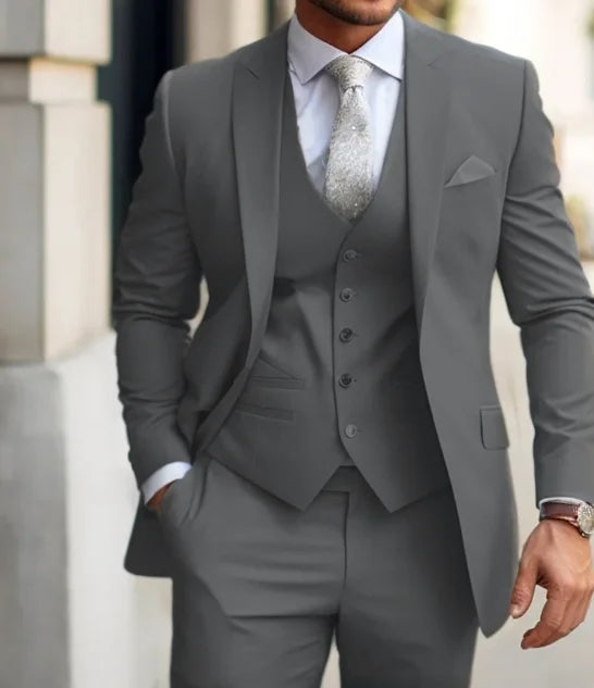 Men's Suits  Grey Costume Homme Slim Fit Formal Wedding Outfits 3 Piece Jacket Pants With Vest Custom Made 2024 Good Vibrations