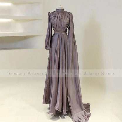 Modest Evening Dresses for Women 2025 High Collar Puffy Long Sleeves Evening Gowns Long Pleated A Line Saudi Arabian Formal Gown Good Vibrations