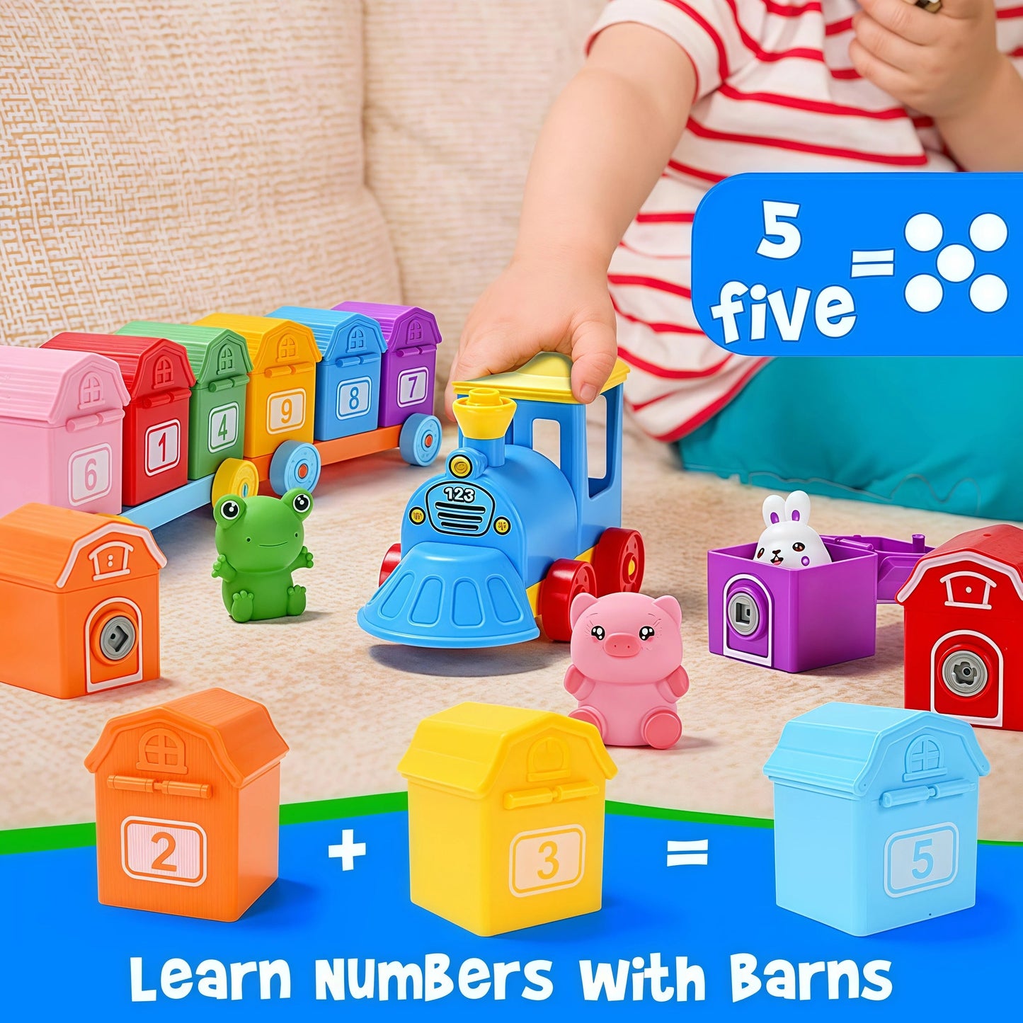 Toddler Learning Toys Farm Animals Train Set with Finger Puppets, Color Matching Toy Unlock Barns Fine Motor Game Counting Toys Good Vibrations