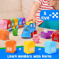 Toddler Learning Toys Farm Animals Train Set with Finger Puppets, Color Matching Toy Unlock Barns Fine Motor Game Counting Toys Good Vibrations