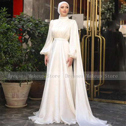 Modest Evening Dresses for Women 2025 High Collar Puffy Long Sleeves Evening Gowns Long Pleated A Line Saudi Arabian Formal Gown Good Vibrations