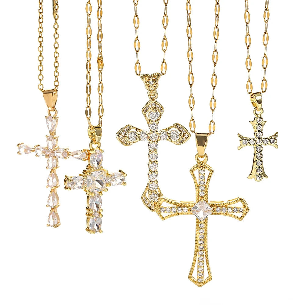 Religious Cross Necklace For Women Men Stainless Steel Chain Necklaces Christian Pendant Collar Pray Baptism Christmas Gift Good Vibrations