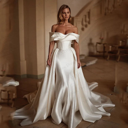 Satin Off Shoulder Wedding Dress Pleat Strapless Mermaid Bride Gown Detachable Train Vestido De noivas para casamento Customized Good Vibrations