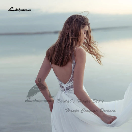 Lakshmigown Sexy Bride Boho Wedding Dress Beach Summer 2026 Customized Chiffon Long Beach Bridal Gowns V Neck Lace Backless Good Vibrations