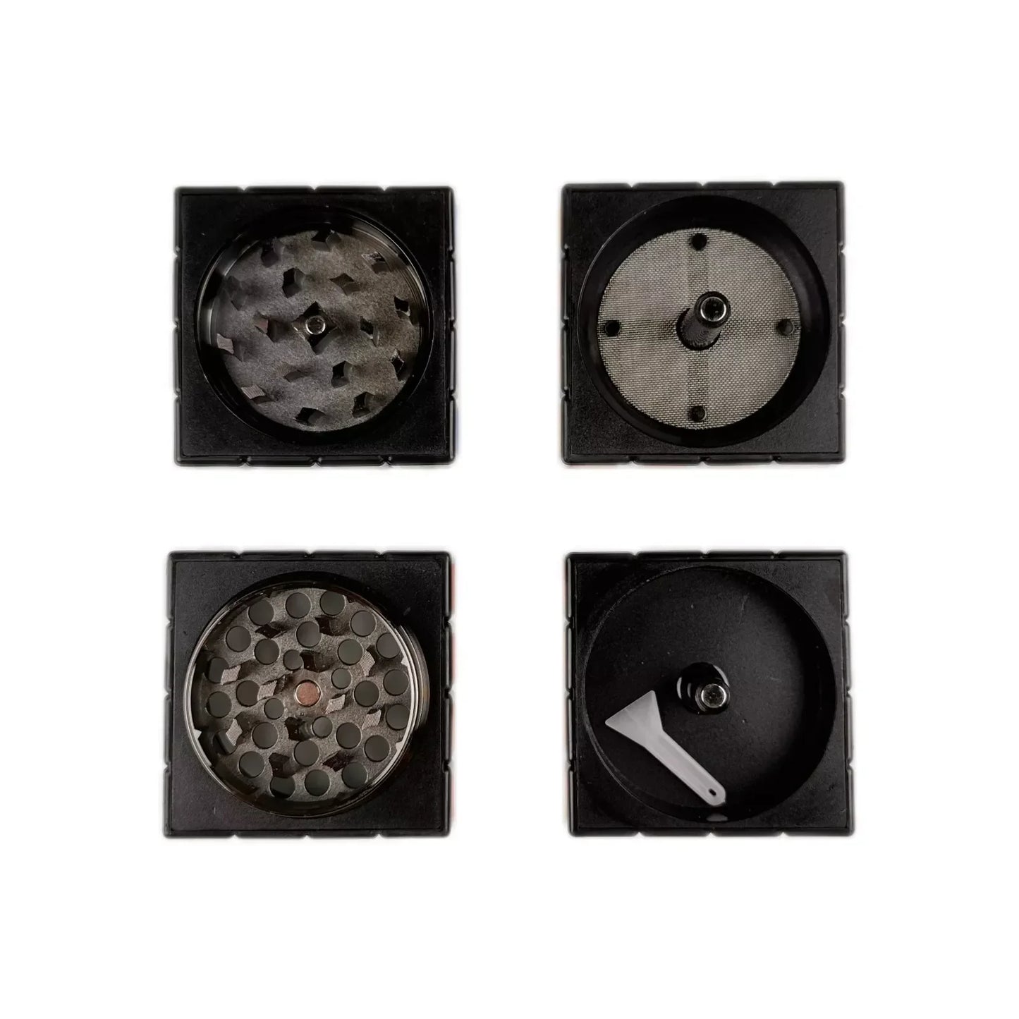 2.3" 4 PC cube shape metal herb grinder with razor-sharp teeth and pollen screen.