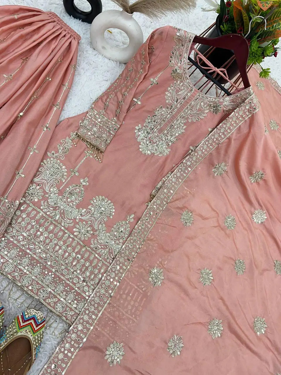 Chinon Silk Heavy Sequence Embroidery Work Top and Sharara With Lace Border Dupatta Fancy Embroidery Design Women Set Good Vibrations