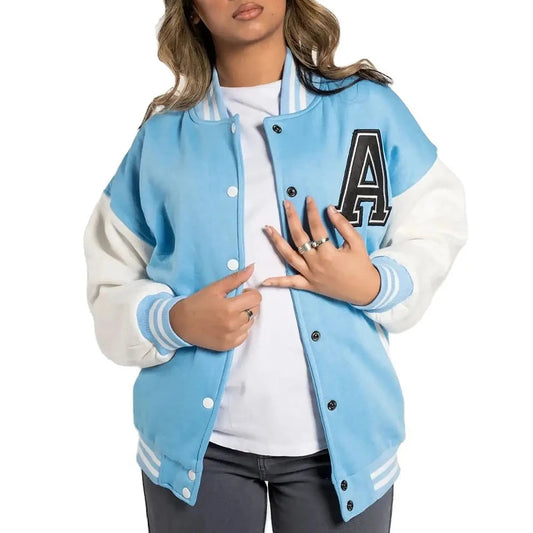 Custom Unisex Women Baseball Letterman Jacket with Cotton Polyester Blend Classic Varsity Coat for Casual or Everyday Wear Good Vibrations