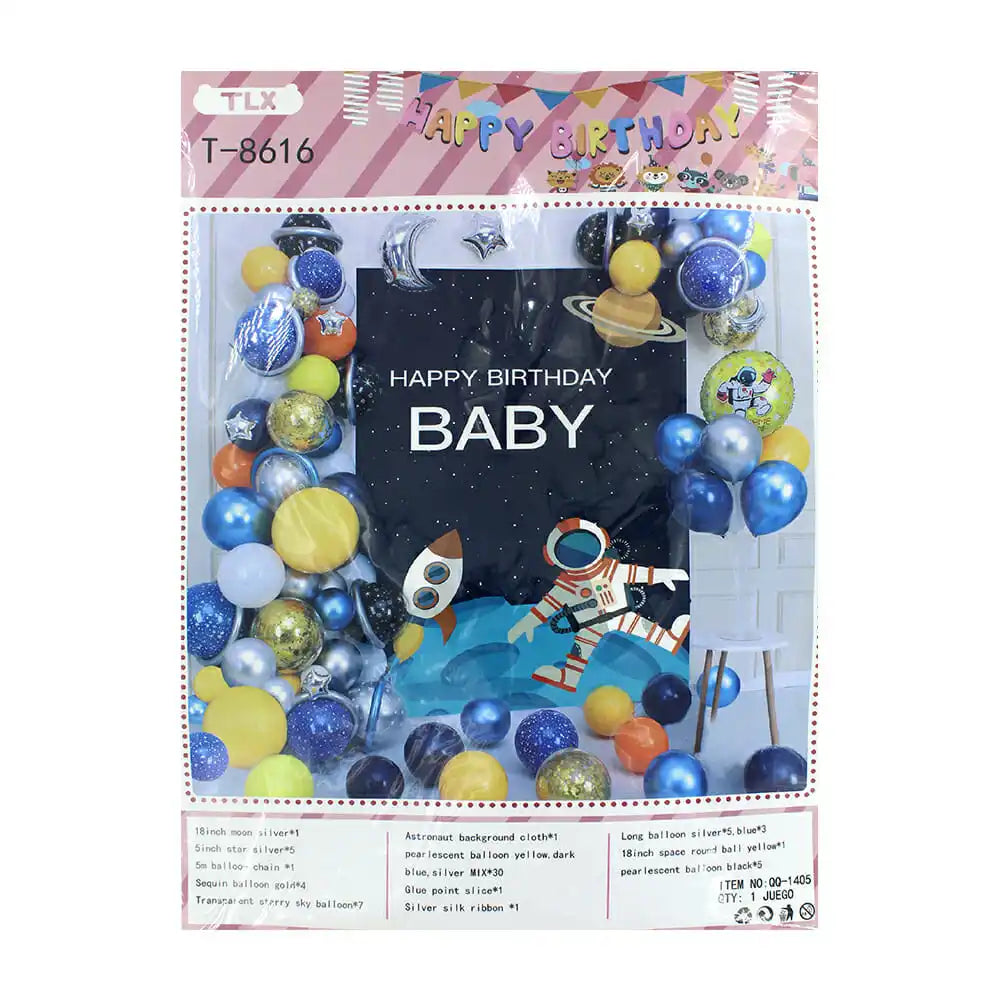 Rectangular 'Happy Birthday Baby' Poster Set with 5-Meter Balloon Chain & 62 Astronaut-Themed Balloons for Party Decorations Good Vibrations