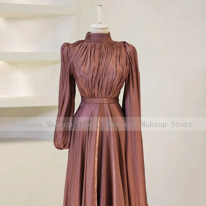 Modest Evening Dresses for Women 2025 High Collar Puffy Long Sleeves Evening Gowns Long Pleated A Line Saudi Arabian Formal Gown Good Vibrations