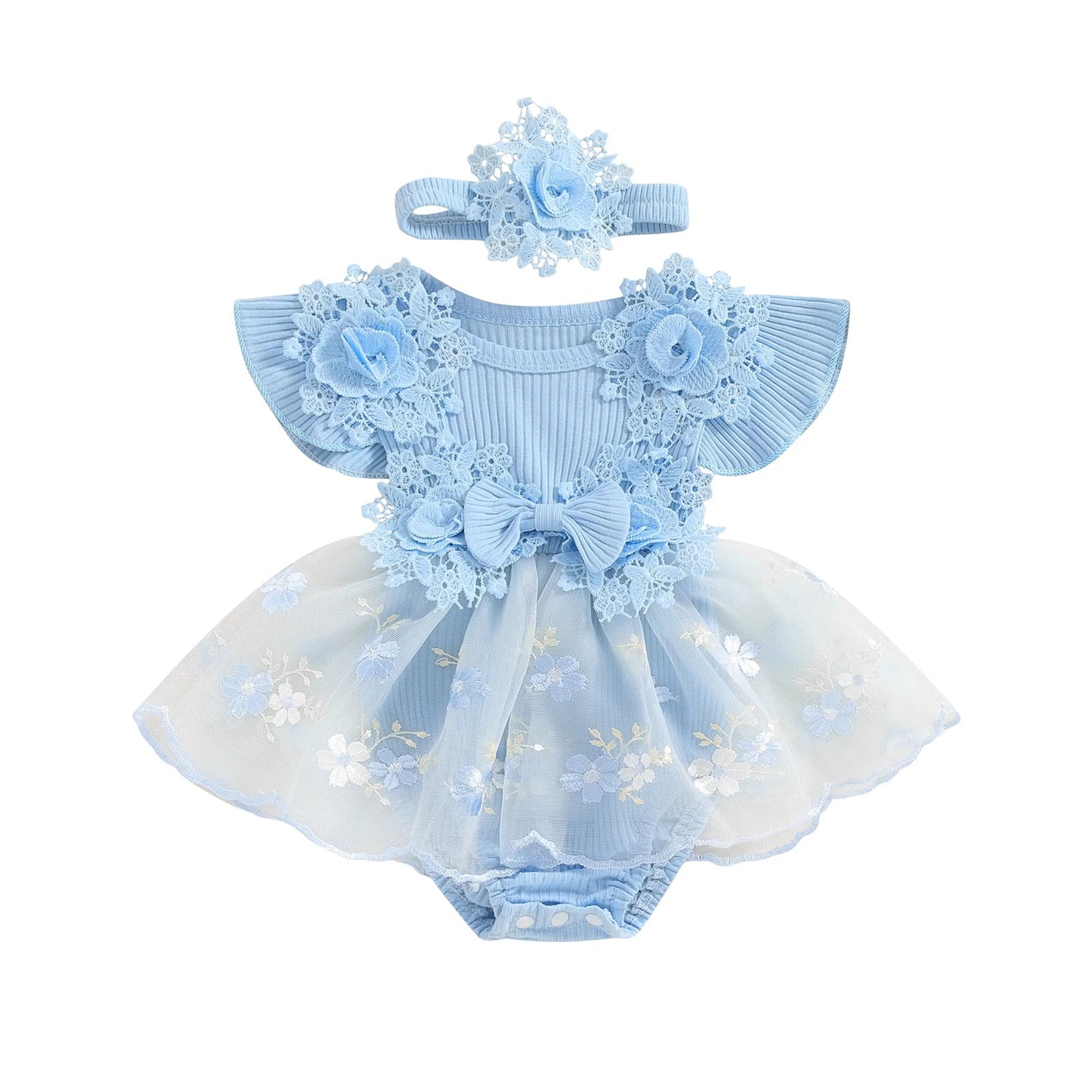 3D Flower Summer Baby Girls Romper Princess Mesh Newborn Clothes Lace Patchwork Ruffle Bodysuit Dress Headband Kids Clothing Good Vibrations
