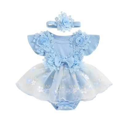 3D Flower Summer Baby Girls Romper Princess Mesh Newborn Clothes Lace Patchwork Ruffle Bodysuit Dress Headband Kids Clothing Good Vibrations