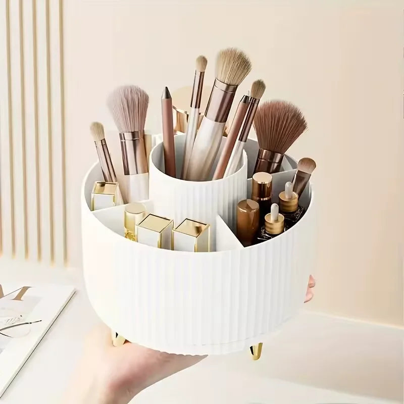 360° Rotating Makeup Organizer Makeup Holder Cosmetic Storage with 5 Compartments Multi-Functional Holder for Brushes Pen Good Vibrations