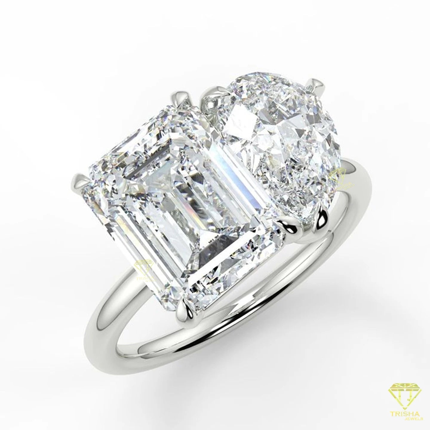 Elegant Vintage Lab Grown 2-Stone Ring for Women Set with Emerald & Diamond Accents Prong Setting for Engagement Good Vibrations