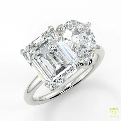 Elegant Vintage Lab Grown 2-Stone Ring for Women Set with Emerald & Diamond Accents Prong Setting for Engagement Good Vibrations