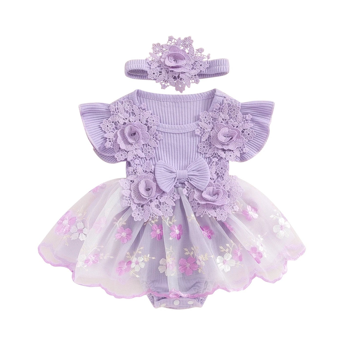 3D Flower Summer Baby Girls Romper Princess Mesh Newborn Clothes Lace Patchwork Ruffle Bodysuit Dress Headband Kids Clothing Good Vibrations