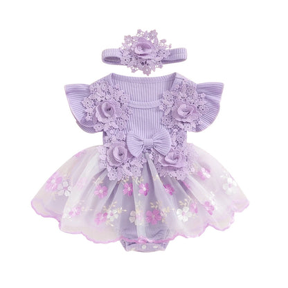 3D Flower Summer Baby Girls Romper Princess Mesh Newborn Clothes Lace Patchwork Ruffle Bodysuit Dress Headband Kids Clothing Good Vibrations