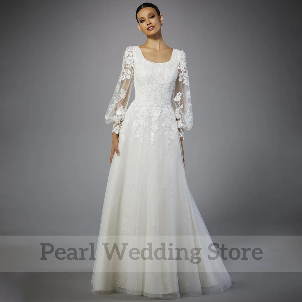Vintage Square Collar Wedding Dress Tulle Applique Illusion Long Lantern Sleeve Bridal A-Line Floor Length with Buttons Gowns Good Vibrations