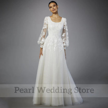 Vintage Square Collar Wedding Dress Tulle Applique Illusion Long Lantern Sleeve Bridal A-Line Floor Length with Buttons Gowns Good Vibrations