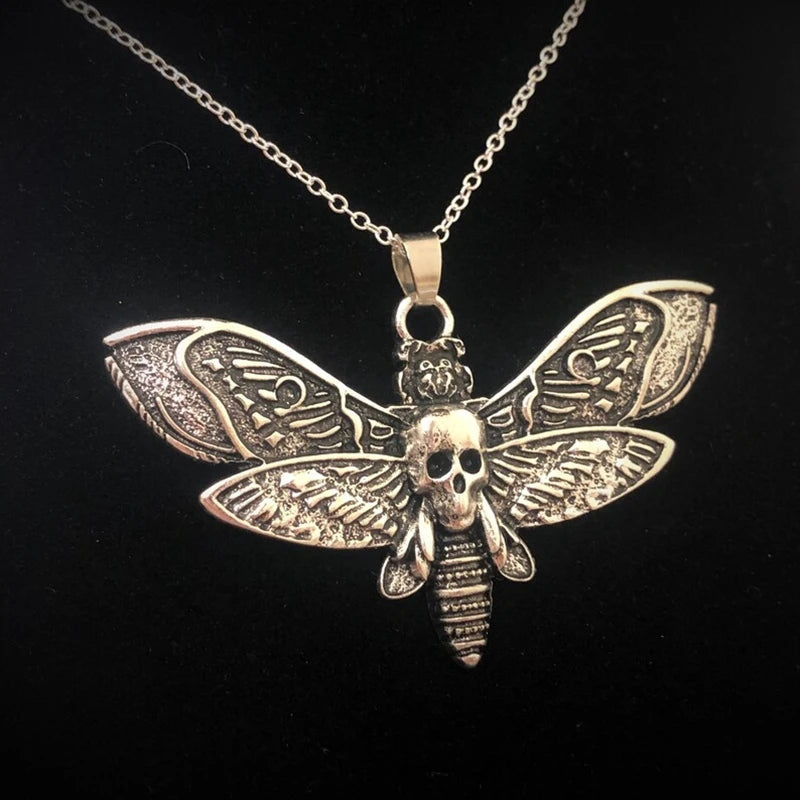 Death Moth Necklace Pendant 18inch Chain Sugar Skull Gothic Butterfly Rock Emo Goth Silver Color 18inch Strong Chain Good Vibrations