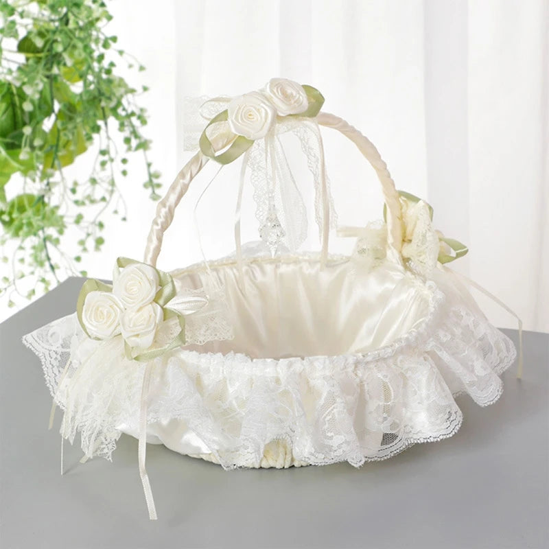 Wedding Supplies White Lace Flower Basket Silk Cloth Clusters of Rosettes Throwing Petal Flower Basket Girl Flower Baske Good Vibrations