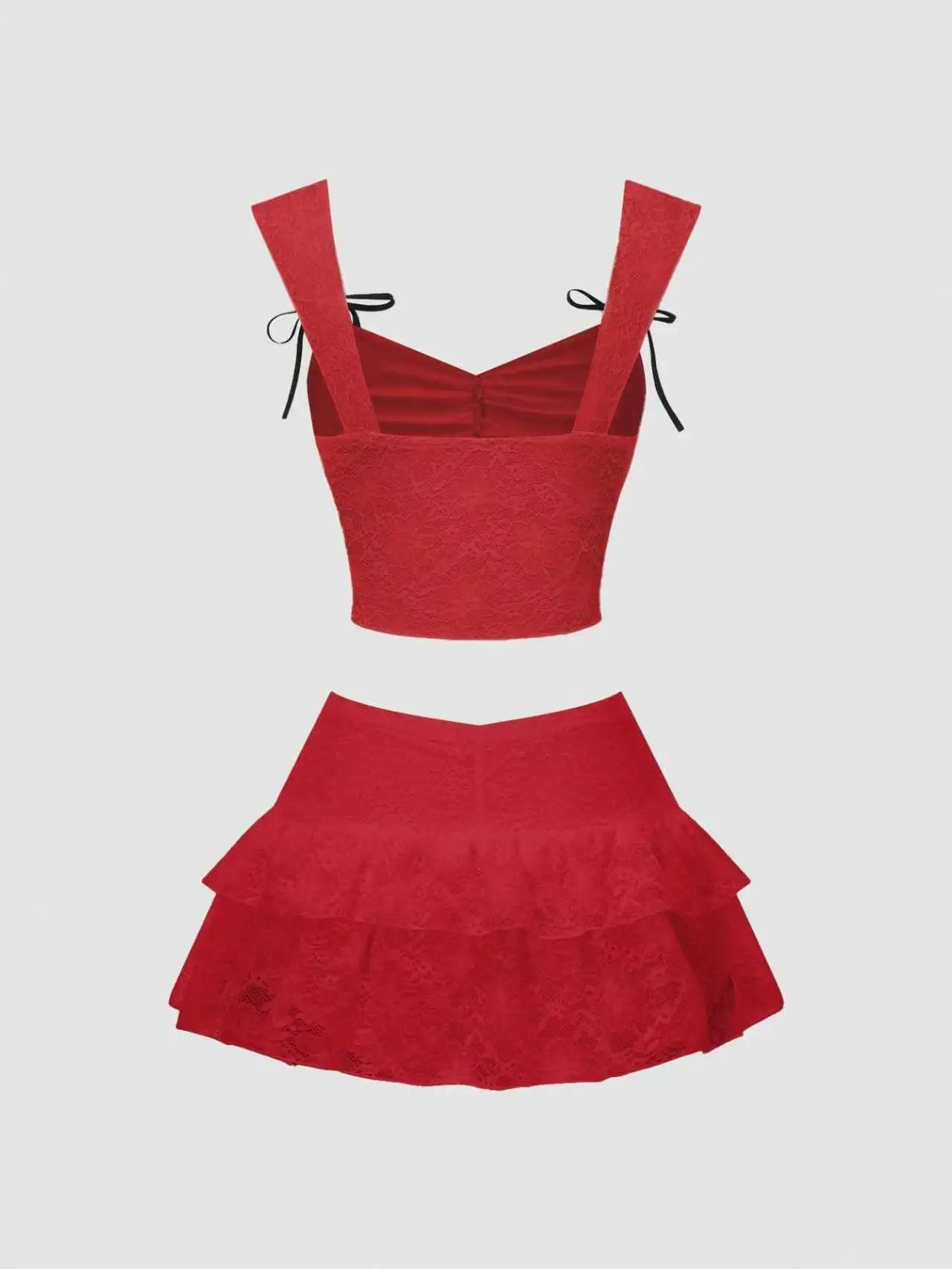 Women's 2 Piece Outfit Lace Camisole Top with Pleated Bust & Bow Decor, Low Waist Ruffle Lace Hem Skort, Sweet Cute Elegant Vint Good Vibrations