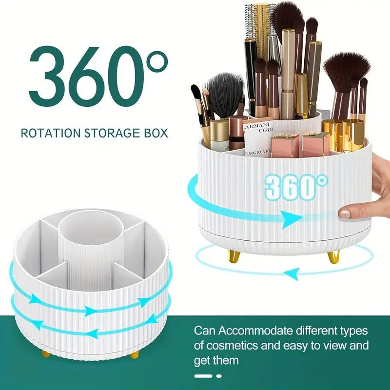 360° Rotating Makeup Organizer Makeup Holder Cosmetic Storage with 5 Compartments Multi-Functional Holder for Brushes Pen Good Vibrations