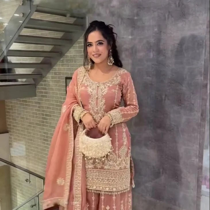 Chinon Silk Heavy Sequence Embroidery Work Top and Sharara With Lace Border Dupatta Fancy Embroidery Design Women Set Good Vibrations