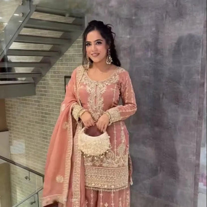 Chinon Silk Heavy Sequence Embroidery Work Top and Sharara With Lace Border Dupatta Fancy Embroidery Design Women Set Good Vibrations