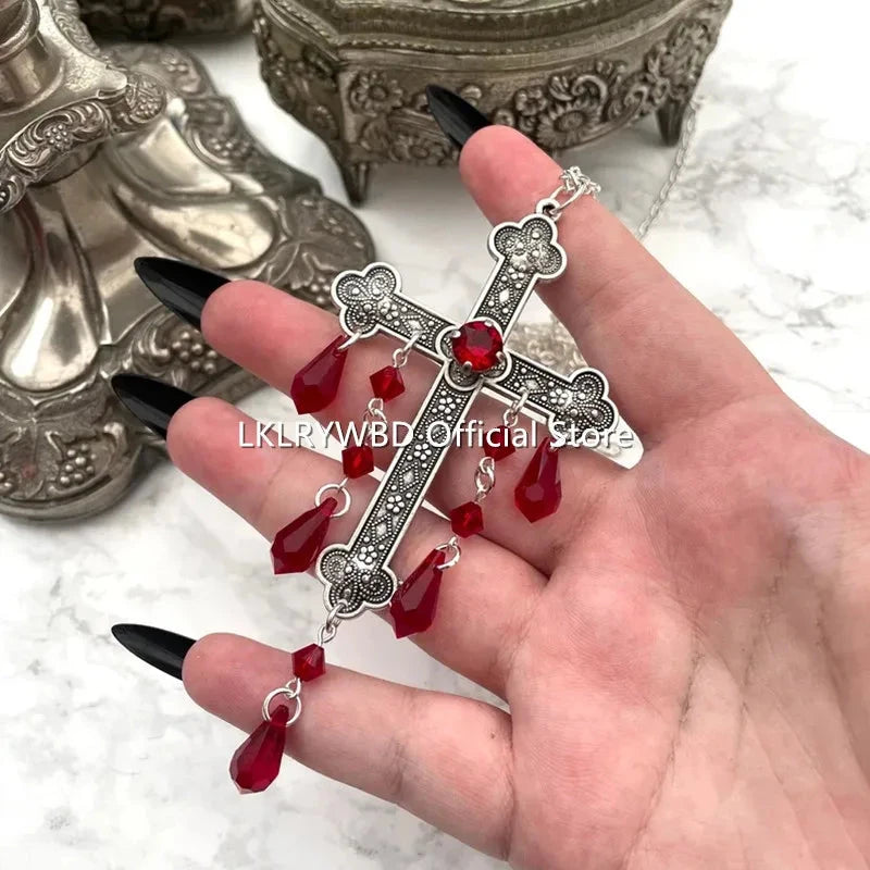 Large Cross Necklace,Goth Vampire Necklace,Gothic Cross,Gothic Silver Cross,Gothic Drop Necklace,Cross Choker,Gothic Necklace Good Vibrations