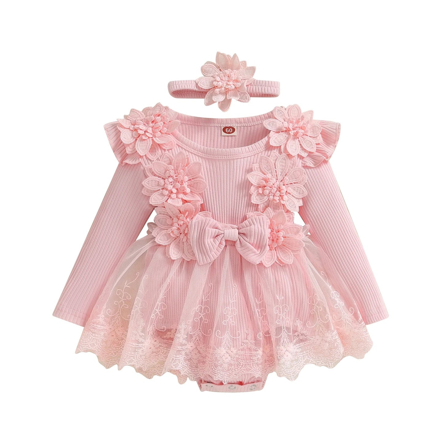 3D Flower Summer Baby Girls Romper Princess Mesh Newborn Clothes Lace Patchwork Ruffle Bodysuit Dress Headband Kids Clothing Good Vibrations