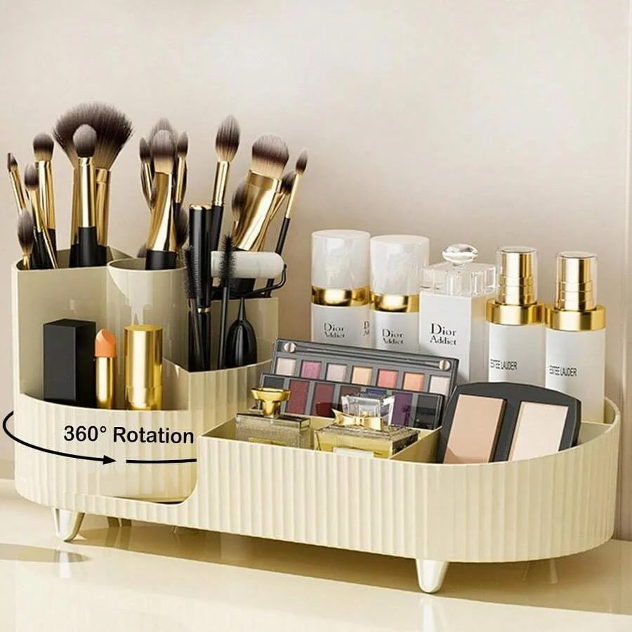360° Rotating Makeup Organizer Makeup Holder Cosmetic Storage with 5 Compartments Multi-Functional Holder for Brushes Pen Good Vibrations