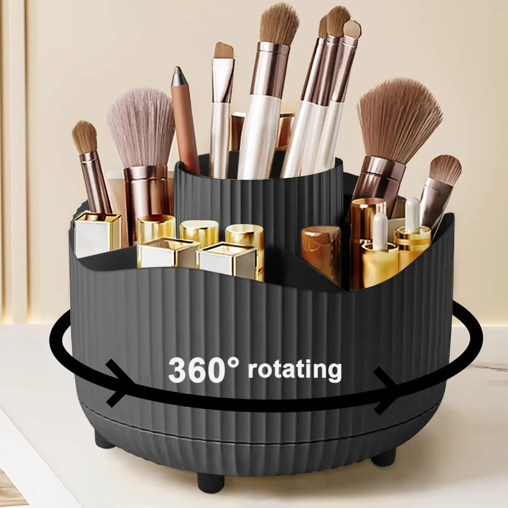 360° Rotating Makeup Organizer Makeup Holder Cosmetic Storage with 5 Compartments Multi-Functional Holder for Brushes Pen Good Vibrations