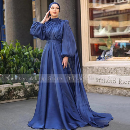 Modest Evening Dresses for Women 2025 High Collar Puffy Long Sleeves Evening Gowns Long Pleated A Line Saudi Arabian Formal Gown Good Vibrations