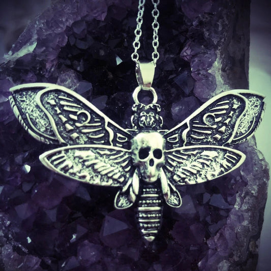 Death Moth Necklace Pendant 18inch Chain Sugar Skull Gothic Butterfly Rock Emo Goth Silver Color 18inch Strong Chain Good Vibrations
