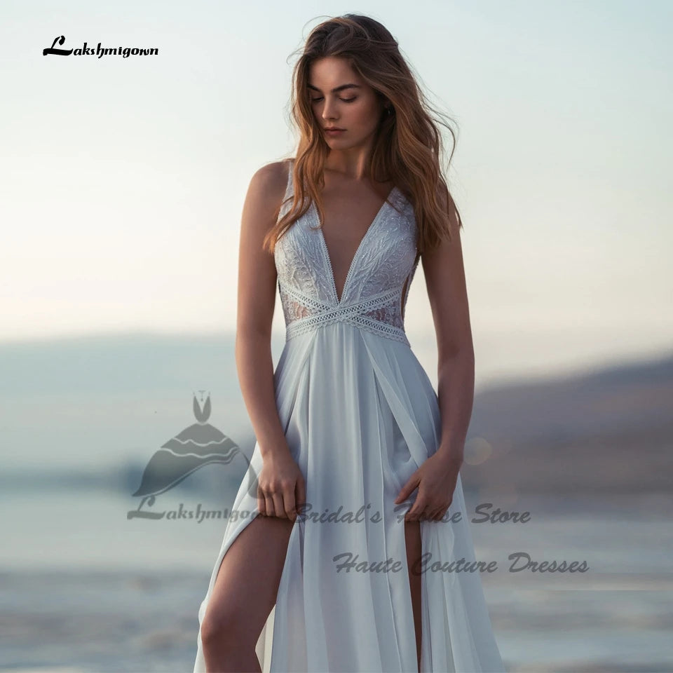 Lakshmigown Sexy Bride Boho Wedding Dress Beach Summer 2026 Customized Chiffon Long Beach Bridal Gowns V Neck Lace Backless Good Vibrations