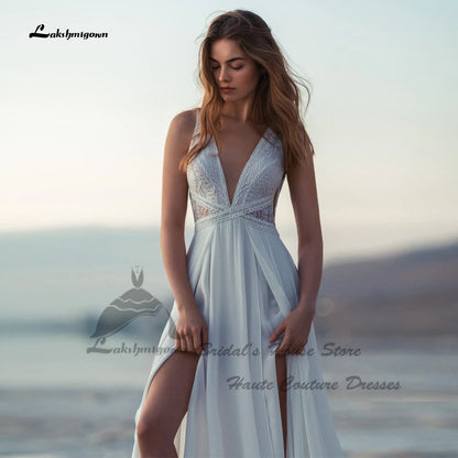 Lakshmigown Sexy Bride Boho Wedding Dress Beach Summer 2026 Customized Chiffon Long Beach Bridal Gowns V Neck Lace Backless Good Vibrations