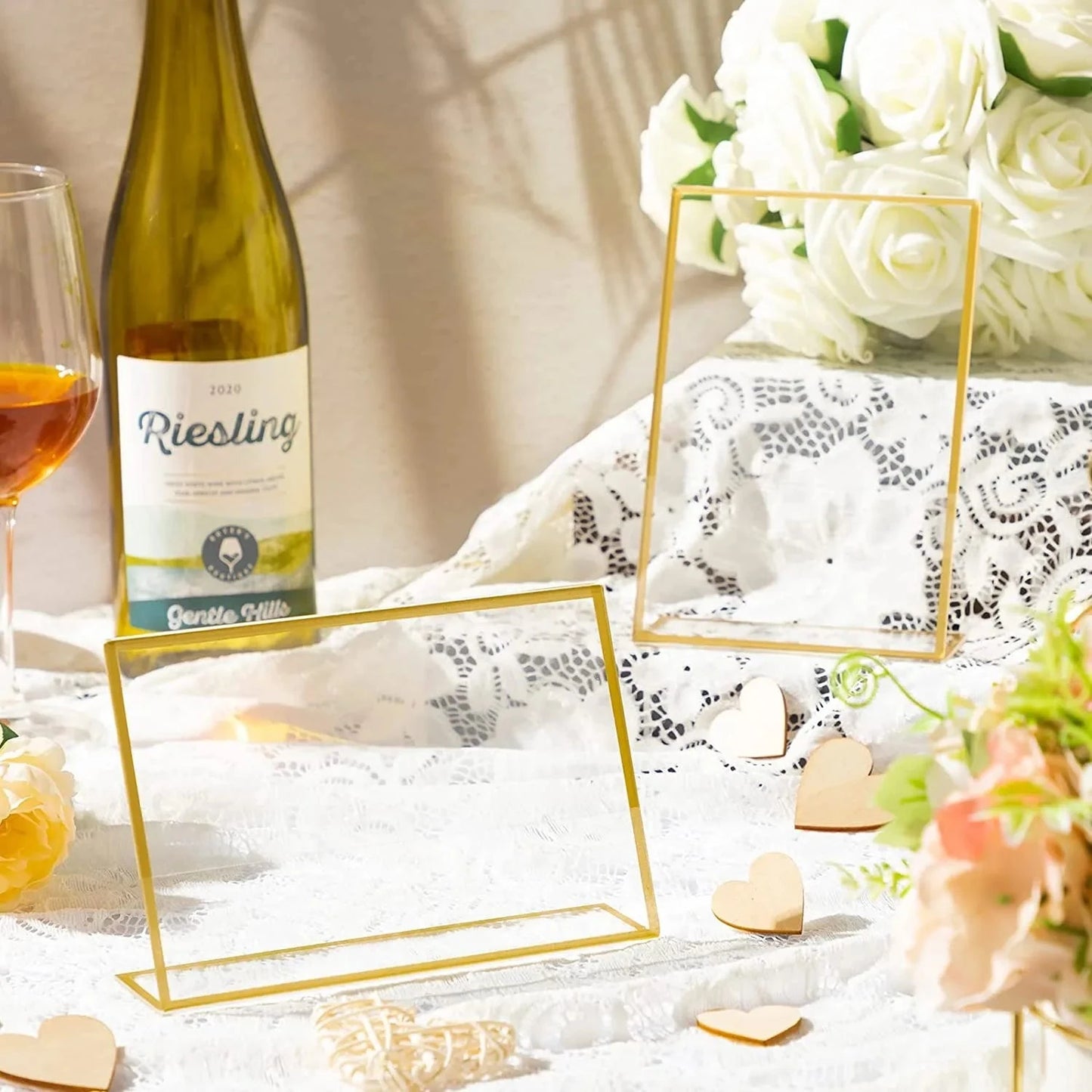 Gold Borders Acrylic Sign Holder Picture Frame Display Stand Clear Paper Holder Table Menu Stands for Wedding Office Restaurant Good Vibrations