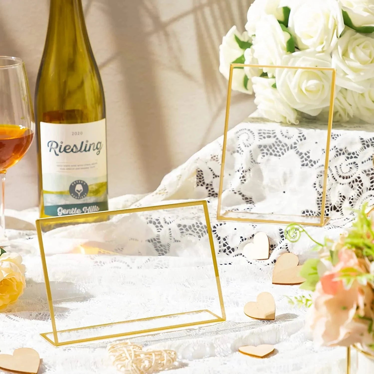 Gold Borders Acrylic Sign Holder Picture Frame Display Stand Clear Paper Holder Table Menu Stands for Wedding Office Restaurant Good Vibrations