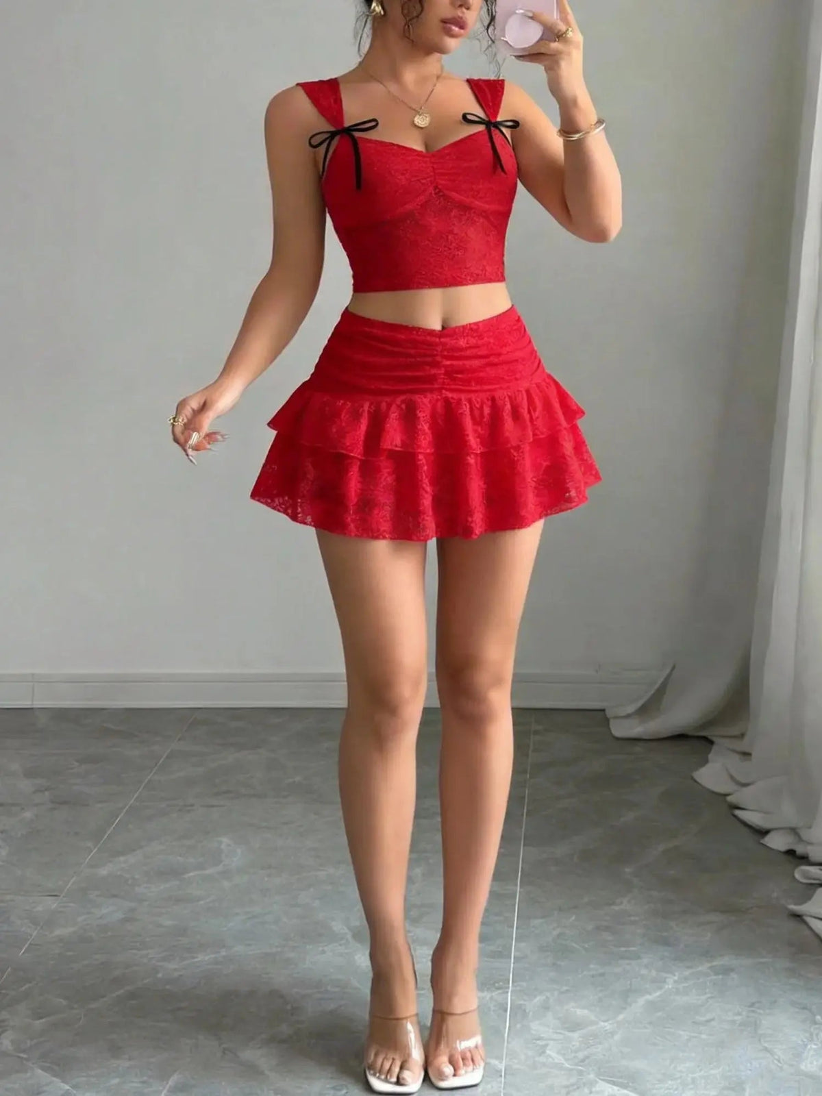 Women's 2 Piece Outfit Lace Camisole Top with Pleated Bust & Bow Decor, Low Waist Ruffle Lace Hem Skort, Sweet Cute Elegant Vint Good Vibrations