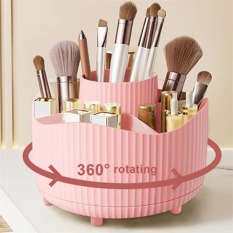 360° Rotating Makeup Organizer Makeup Holder Cosmetic Storage with 5 Compartments Multi-Functional Holder for Brushes Pen Good Vibrations