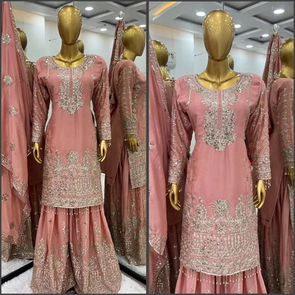 Chinon Silk Heavy Sequence Embroidery Work Top and Sharara With Lace Border Dupatta Fancy Embroidery Design Women Set Good Vibrations