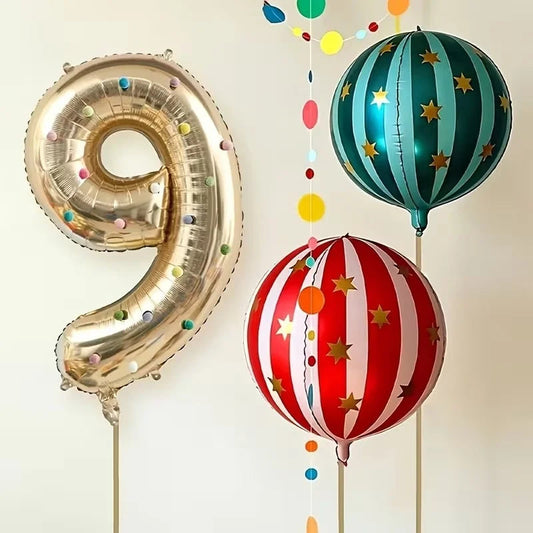 Carnival Birthday Party Decor, 4D & 0‑9 Gold Foil Number Balloons with Ribbons, for Circus Vintage Party Anniversary Good Vibrations